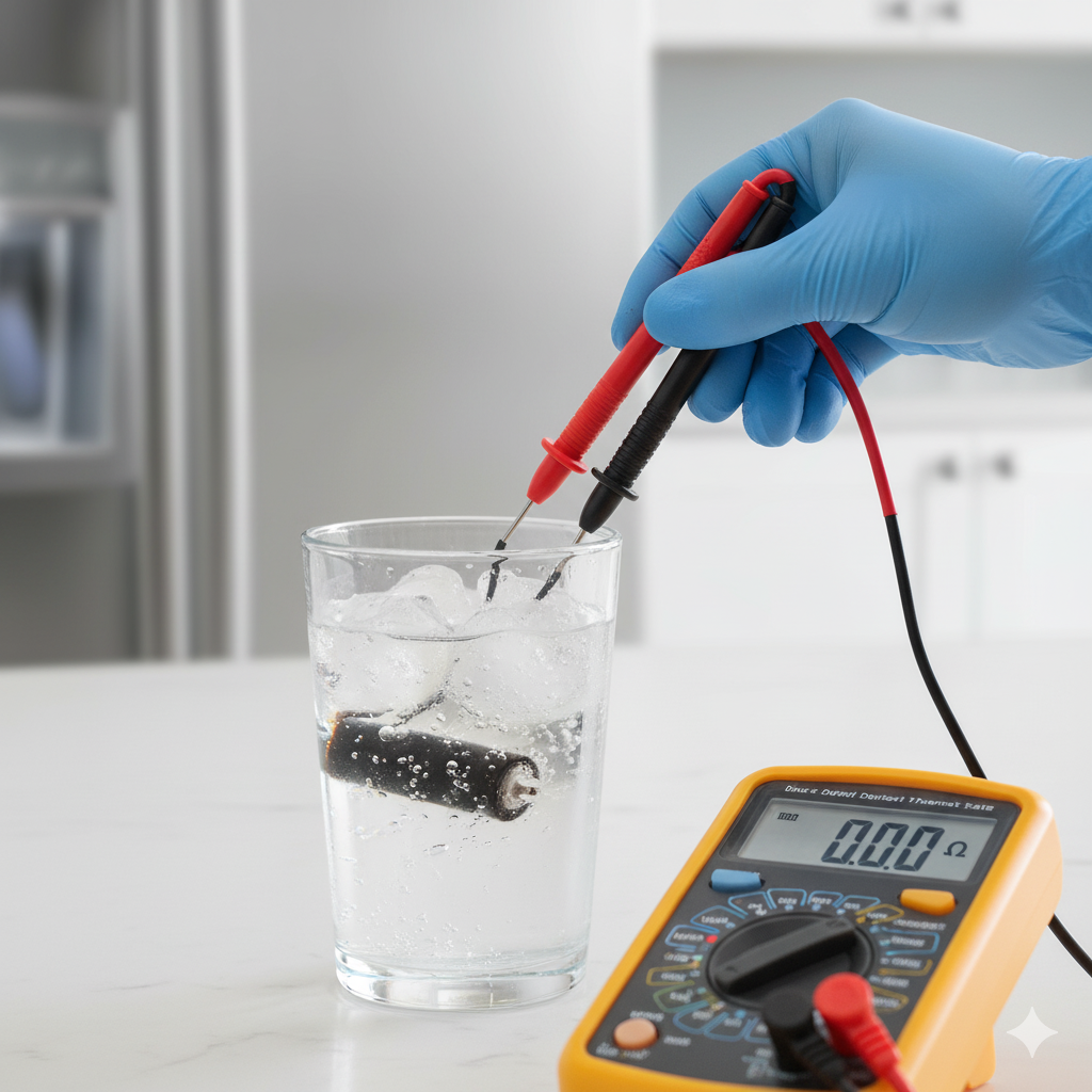 Checking Defrost Thermostat Continuity (Cold Test) Defrost thermostat submerged in salt and ice water while being tested with a multimeter for continuity, confirming it closes the circuit when cold.