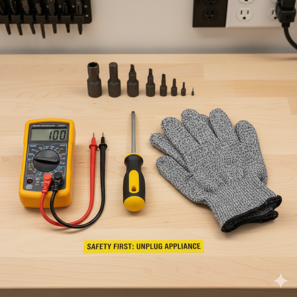 Essential Tools for Appliance Repair A digital multimeter, nut driver, screwdriver, and safety gloves laid out on a table, representing the essential tools for defrost system repair.