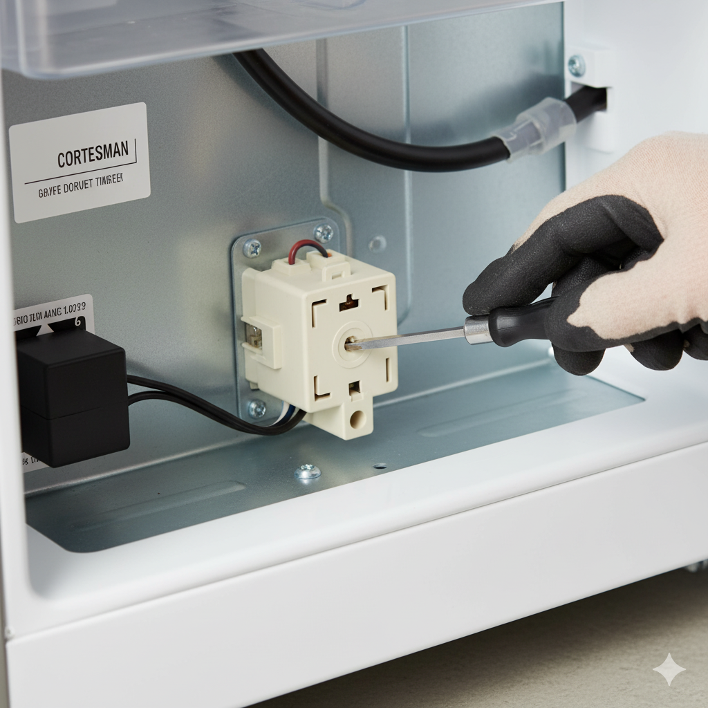 Manually Advancing the Mechanical Defrost Timer Hand using a screwdriver to manually advance the mechanical defrost timer, forcing the refrigerator into a defrost cycle.