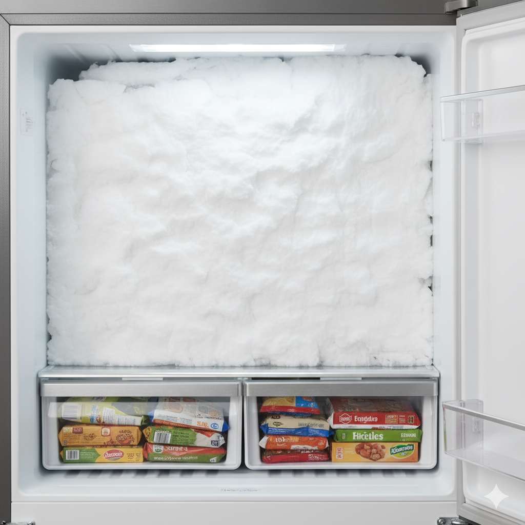 Diagnosis of Freezer Defrost System Failure Close-up of evaporator coils in a freezer completely encased in a solid block of ice, indicating a severe defrost system failure.
