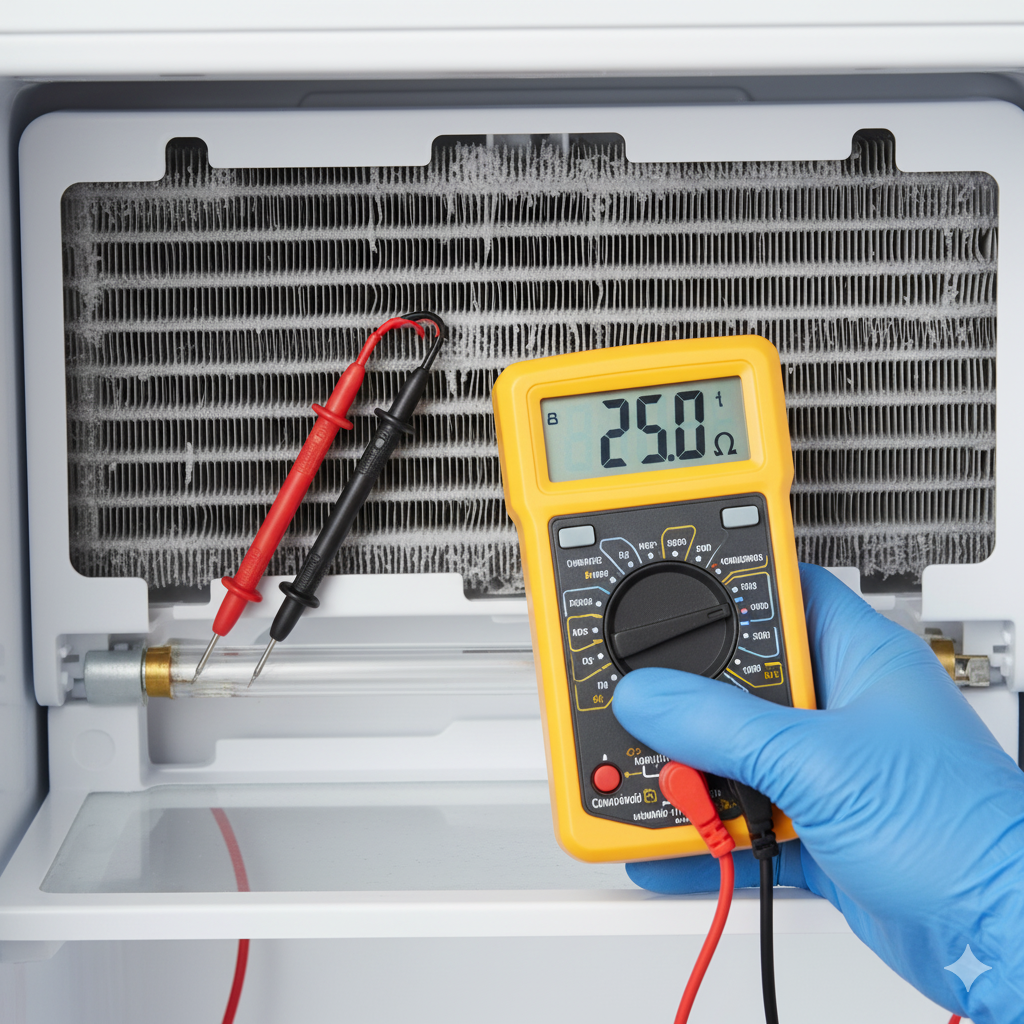 Testing the Defrost Heater Resistance Gloved hand using a multimeter to test the electrical resistance of the defrost heater element inside the freezer compartment.
