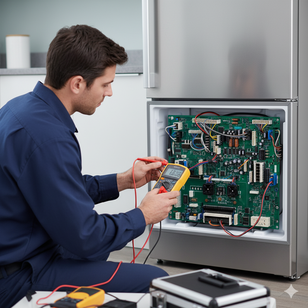 Professional appliance technician inspecting the main electronic control board of a refrigerator, signaling a complex or expensive repair.